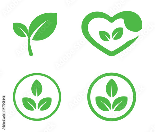 Vegan and Organic Food Icons – Green Leaf and Heart Symbols