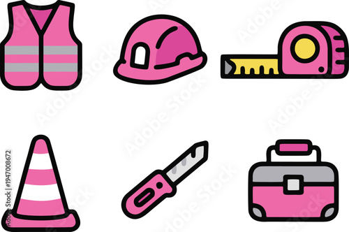A collection of pink construction tools and safety gear representing a playful yet professional approach to construction work.