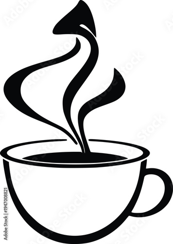 A stylish black and white illustration of a steaming cup of coffee with a handle