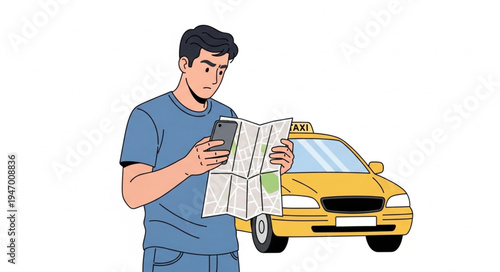 Man with phone and taxi.