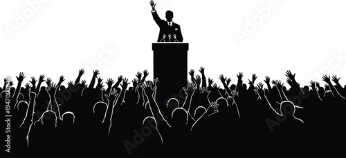 Political speech silhouette with cheering crowd, leader speaking at podium during rally demonstration isolated vector illustration