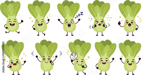 Cute bok choy cartoon vegetable characters with funny emotions dancing, sleeping, laughing and waving, healthy green vegetable mascot vector set