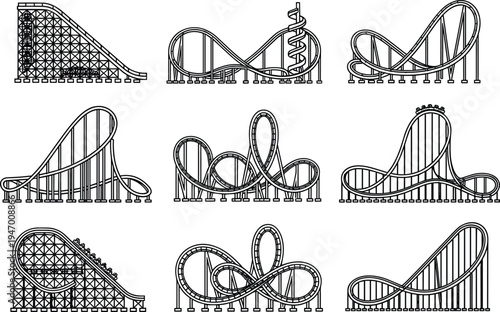 Roller coaster track set line art collection, amusement park rides silhouettes, loop and twist tracks isolated vector illustration bundle