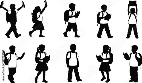 School children silhouette set with backpacks reading books walking and studying, student activity vector icons isolated, education concept illustration for school learning design
