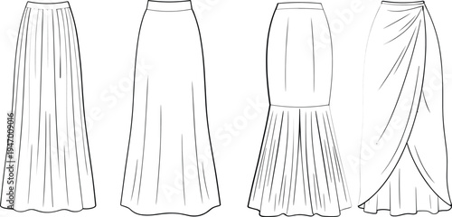 Set of long skirt fashion sketches including pleated, mermaid, A-line and draped wrap styles, minimal outline clothing design illustration