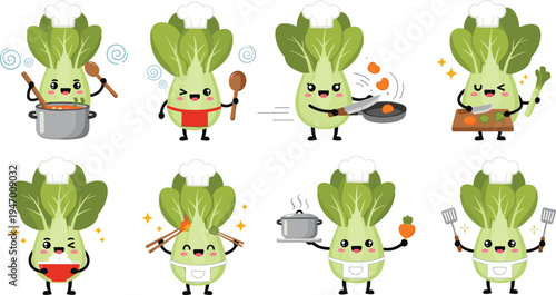 Cute bok choy chef cartoon character cooking frying soup kitchen vegetable mascot kawaii food vector illustration collection set