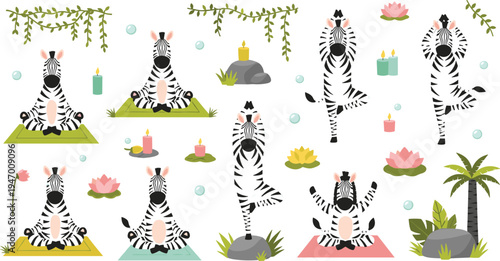 Cute Cartoon Zebra Practicing Yoga And Meditation With Lotus Flowers, Candles And Nature Elements, Adorable Animal Wellness Vector Illustration Set