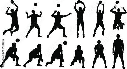 Basketball player silhouettes set showing dribbling, jumping, shooting and passing actions, sports activity vector illustration collection isolated on white background