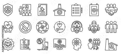 Work safety outline icon set. Contain regulation, training, safety culture, work safety, procedure, audit, commitment, collaboration, safety induction, MCU, PPE, teamwork, awareness, safety inspection