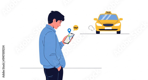Man with smartphone and taxi.