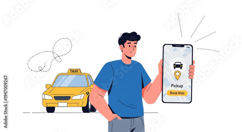 Man with smartphone and taxi.