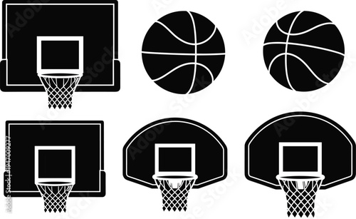 Basketball hoop, backboard and ball silhouettes set, sports equipment vector illustration collection for basketball game design isolated on white background