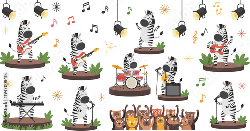 Cute Cartoon Zebra Music Band Performing On Stage With Guitar, Drums And Microphone, Adorable Animal Concert Character Vector Illustration Set