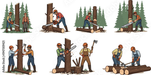 Logging illustration, forest workers, chainsaw cutting, axe chopping, crosscut saw, timber processing, woodcutting teamwork, forestry tools, tree felling, lumber industry artwork