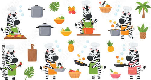 Cute Cartoon Zebra Chef Cooking Tropical Dishes With Pineapple And Fruits, Adorable Animal Kitchen Character Vector Illustration Collection For Kids