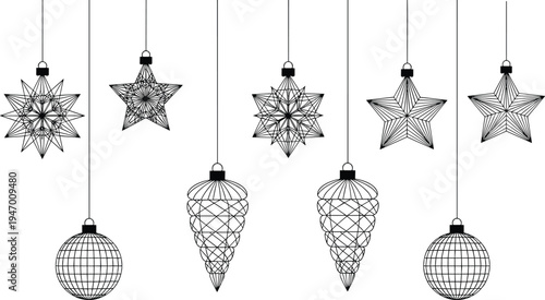 Christmas hanging ornaments set with decorative stars and bauble balls, festive holiday decoration line art vector illustration isolated on white background