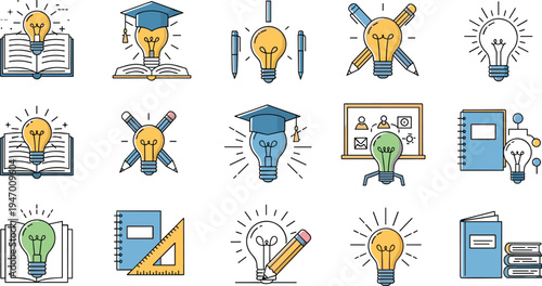 Education and Learning Line Icon Vector Set with Books, Light Bulb Ideas, Graduation Cap, Pencil, Notebook and School Study Symbols