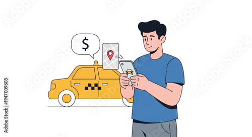 Man with smartphone and taxi.