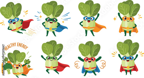 Cute bok choy superhero cartoon characters healthy vegetable mascot flying power energy kawaii food vector illustration set