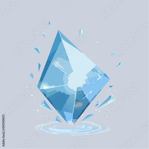 Shiny blue crystal fragment, ice, shattered pieces, and water splash on grey background
