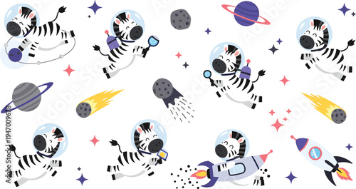 Cute Cartoon Zebra Astronaut Exploring Space With Planets, Rockets And Meteors, Adorable Animal Cosmonaut Character Vector Illustration Collection For Kids