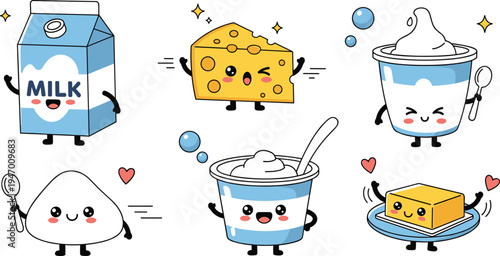 Cute Dairy Food Mascot Vector Illustration Set with Milk Carton, Cheese, Yogurt, Butter and Cream Cartoon Characters