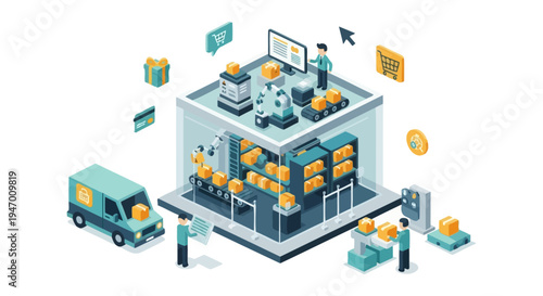 E-commerce Logistics, Automated Warehouse & Smart Supply Chain Management Isometric Illustration