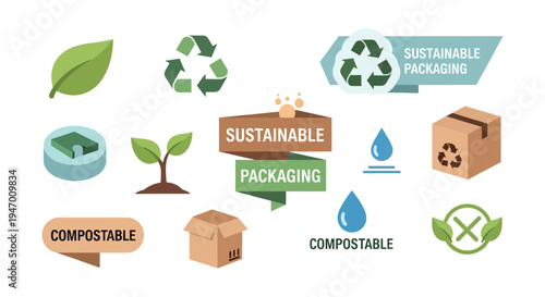 Eco-Friendly & Sustainable Packaging Icons. Recycling, Compostable & Green Symbols for Environmentally Conscious Brands.