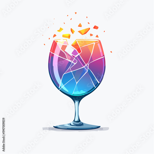 A colorful broken wine glass shattering into geometric pieces against a white background