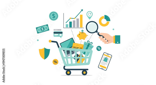 E-commerce Shopping Cart with Analytics, Financial Growth, and Online Business Strategy Icons. Digital Marketing & Secure Payments.