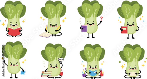 Cute bok choy vegetable cartoon character set studying reading learning kawaii healthy food mascot vector illustration collection