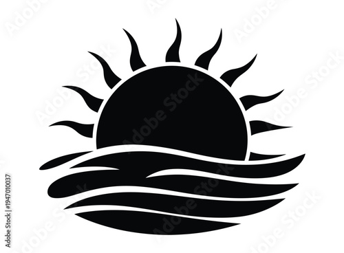 Black and White Sunrise Icon – Minimalist Water Symbol