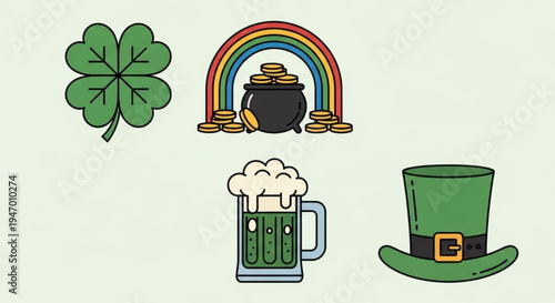 St patrick's day symbols and icons four leaf clover rainbow pot of gold beer and top hat on light green background