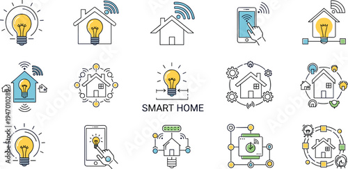 Smart Home Technology Line Icon Vector Set with Home Automation, Light Control, Mobile App, IoT Network and Connected House Symbols