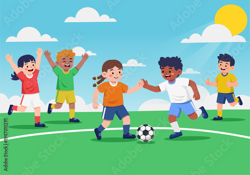 Children having fun playing soccer in a park under cloudy skies. Perfect for sports, recreation, childhood, outdoor activities, and teamwork concepts.