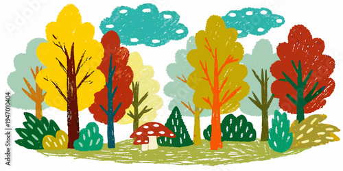 Colorful illustration of autumn trees a mushroom and a whimsical landscape