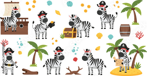 Cute Cartoon Zebra Pirate Adventure With Treasure Chest, Map, Coins And Palm Trees, Adorable Animal Buccaneer Character Vector Illustration Set