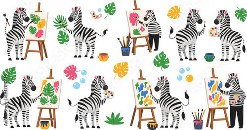 Cute Cartoon Zebra Artist Painting Tropical Leaves On Canvas With Brushes And Palette, Adorable Animal Painter Character Vector Illustration Set