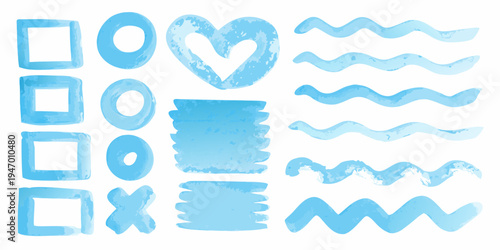 Watercolor shapes and lines in varying shades of light blue