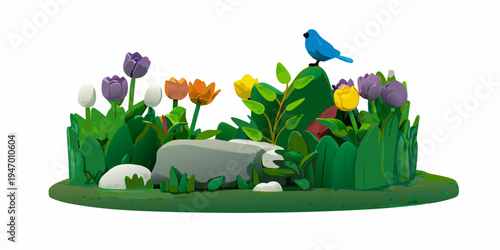 A vibrant cartoon style flowerbed with a small blue bird perched atop