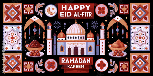 Festive eid al fitr illustration with a central mosque and traditional sweets