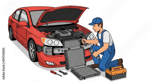 Mechanic changing car air filter.