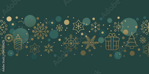 Festive seamless pattern with golden christmas ornaments on teal background
