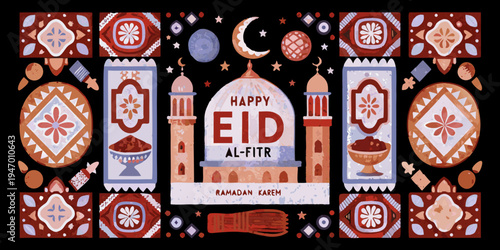 Festive eid al fitr illustration with mosque crescent moon and traditional patterns