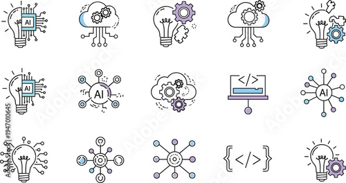 PrintArtificial Intelligence and Machine Learning Line Icon Vector Set with AI Chip, Neural Network, Cloud Computing, Coding and Innovation Symbols