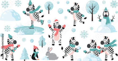 Cute Cartoon Zebra Winter Characters Playing In Snow With Scarves, Snowflakes And Ice, Adorable Animal Holiday Vector Illustration Collection