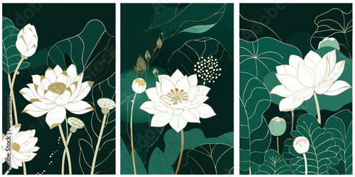 Elegant triptych featuring stylized white lotus flowers on a dark teal background