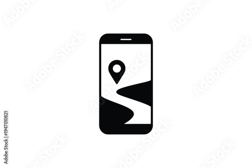 A black glyph of a smartphone displaying a map with a route ideal for navigation apps on transparent background high-quality.