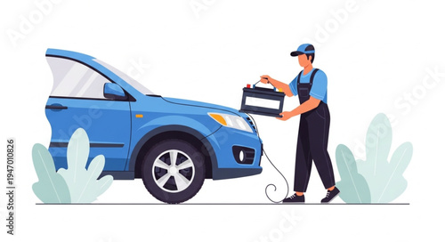 Mechanic changing car battery.