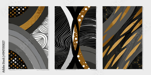 Abstract triptych featuring geometric shapes and a black and gold color scheme